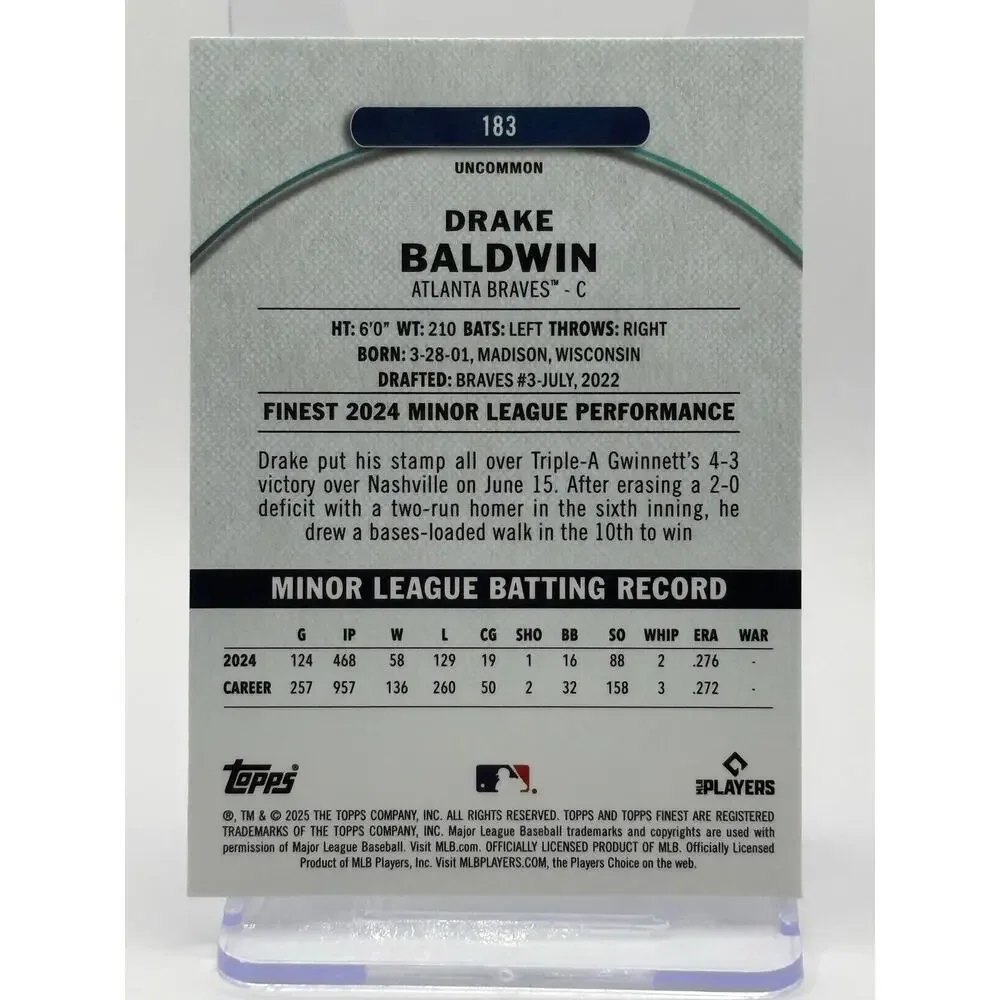 2025 Topps Finest Uncommon Drake Baldwin Rookie Blue Refractor 135/150 SP RC - Picture 2 of 2
